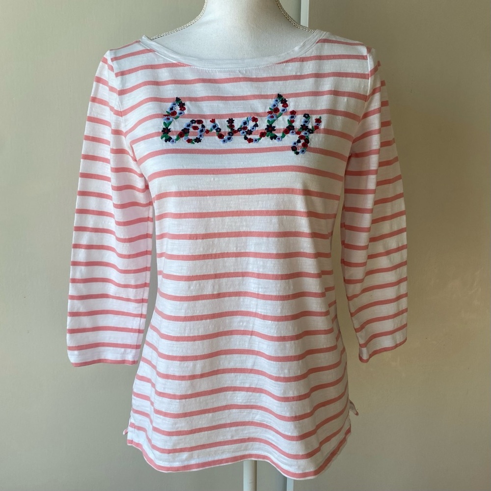 Talbots Shirt Size Small “Lovely” striped Embroidered 100% Cotton Pink White EUC
